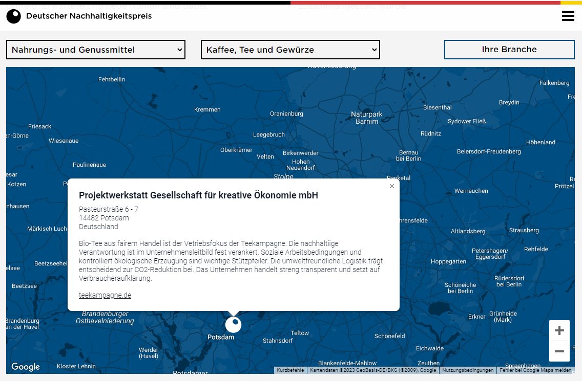 Deutscher Nachhaltigkeitspreis "DNP 2023" - Nominierung der Teekampagne (Bildschirmfoto)